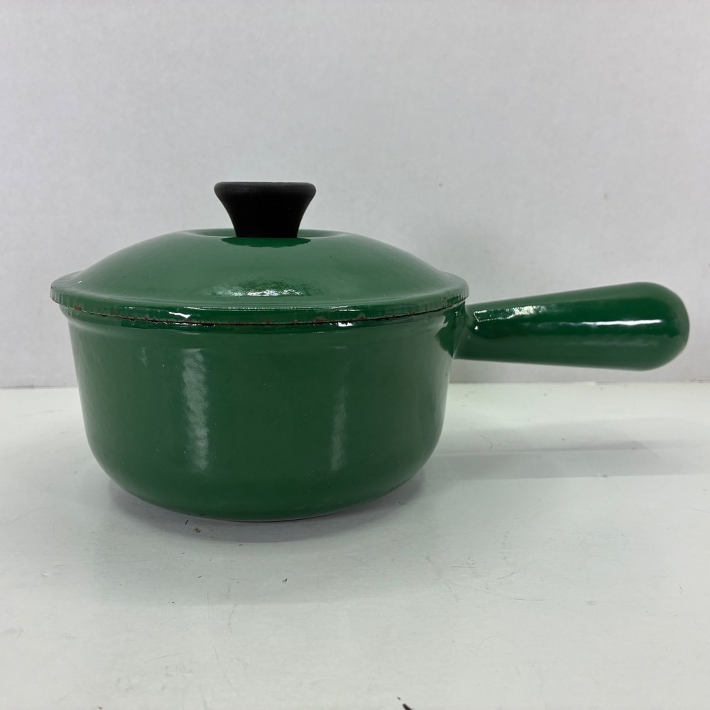 Le Creuset Vintage Green Enamel Cast Iron Saucepan with Lid Size 14 France